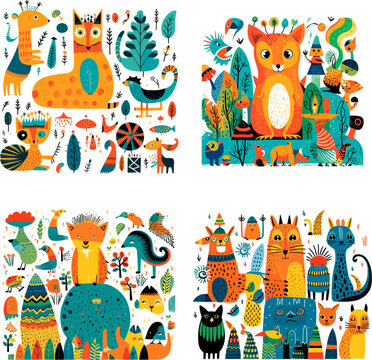 Naklejka A collection of funny monsters or animals. A set of cute fantasy or fairy tale creatures. Cartoon characters isolated on background. Bright color children vector illustration in flat style
