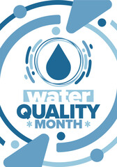 National Water Quality Month in August. Month of studying the water. Origin, save and purify water. High quality water. Celebrated in United States. Poster, card, banner, illustration. Vector