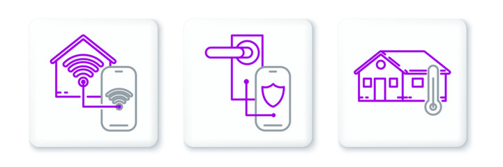 Set line House temperature, Smart home with wi-fi and Digital door lock wireless technology for lock icon. Vector