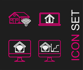 Set line Computer monitor with smart home with wi-fi, Laptop house temperature and Smart icon. Vector
