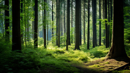 A lush, green forest with towering trees. AI Generative.