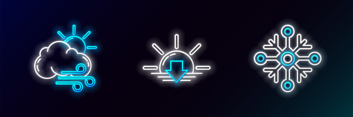 Set line Snowflake, Windy weather and Sunset icon. Glowing neon. Vector
