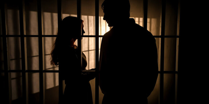 Powerful silhouette of a couple behind prison bars in black and white, portraying the unseen daily violence and psychological prison imposed by a narcissistic abuser.