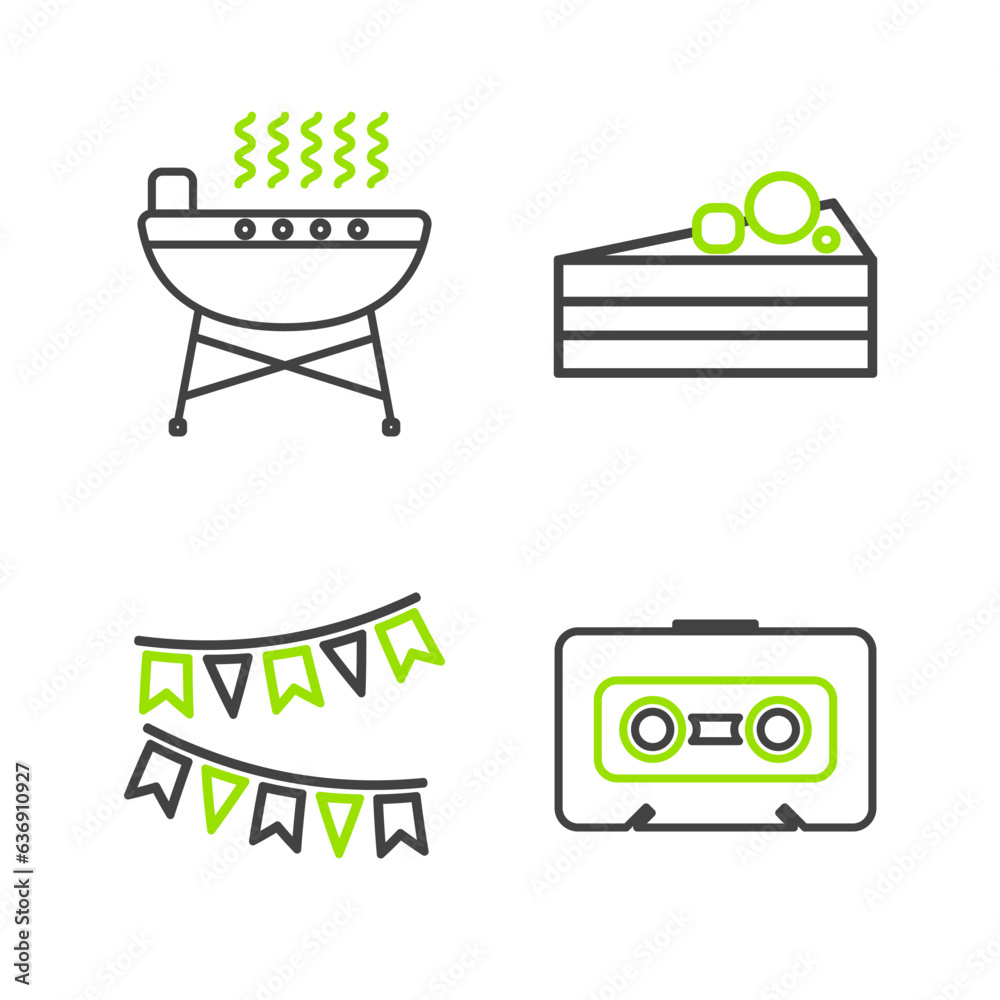 Poster Set line Retro audio cassette tape, Carnival garland with flags, Cake and Barbecue grill icon. Vector