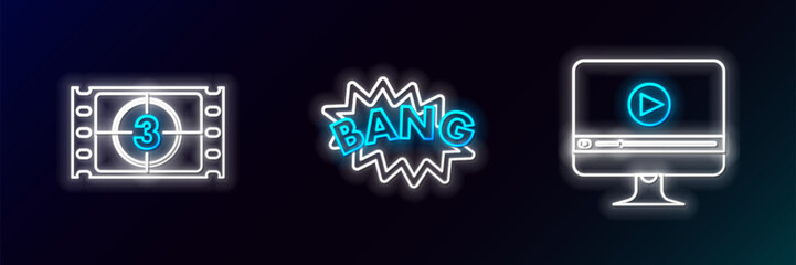 Set line Online play video, Play Video and Bang boom text speech bubble balloon icon. Glowing neon. Vector