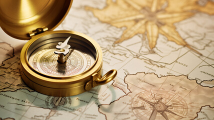 Retro styled golden compass and old white nautical chart.  AI Generative.
