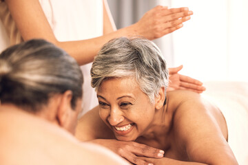 Spa, wellness and couple on massage table for luxury, resort and vacation with stress relief, zen...