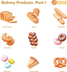 Vector bakery and pastry products icon set. Bread, baguette, croissant, challah, donut, macaron, cheesecake and pretzel icons
