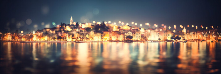 Fototapeta na wymiar Enchanting, softly blurred panorama of a holiday seaside resort aglow with evening light and mesmerizing bokeh effect.