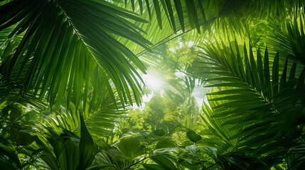 Fototapeta na wymiar Verdant Oasis: Lush Palm Leaves in a Beautiful Green Jungle