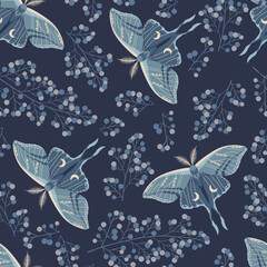 Seamless magic blue vector pattern. Moon moth, herbs. Bohemian fabric design. Contemporary composition.