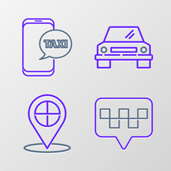 Set line Map pointer with taxi, Car and Taxi call telephone service icon. Vector