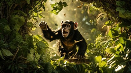 A chimpanzee escaping from its enclosure causes chaos in the zoo. - obrazy, fototapety, plakaty