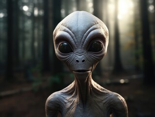 a slim grey alien with big eyes looks directly into the camera standing in a dark forest