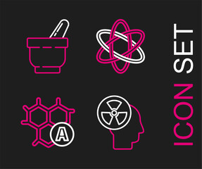 Set line Human head and a radiation, Chemical formula, Atom and Mortar pestle icon. Vector