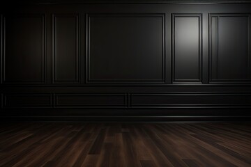 Black classic wooden wall background with free space, mock up room, parquet floor