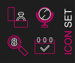 Set line Calendar with 8 March, Search, Round makeup mirror and Diamond engagement ring icon. Vector