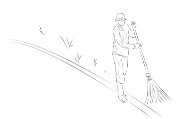 Fototapeta premium park or road no face sweeper man, simple hand draw sketch, isolated on white 