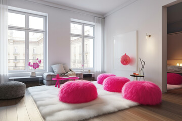 Loft living room interior in barbiecore pink style