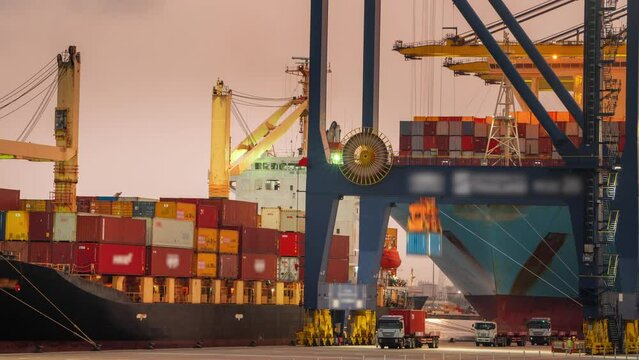 Timelapse unloading Cargo container box to Trucks in Shipyard Cargo Container Sea Port Freight forwarding service logistics and transportation. International Shipping Depot Custom Port import export	