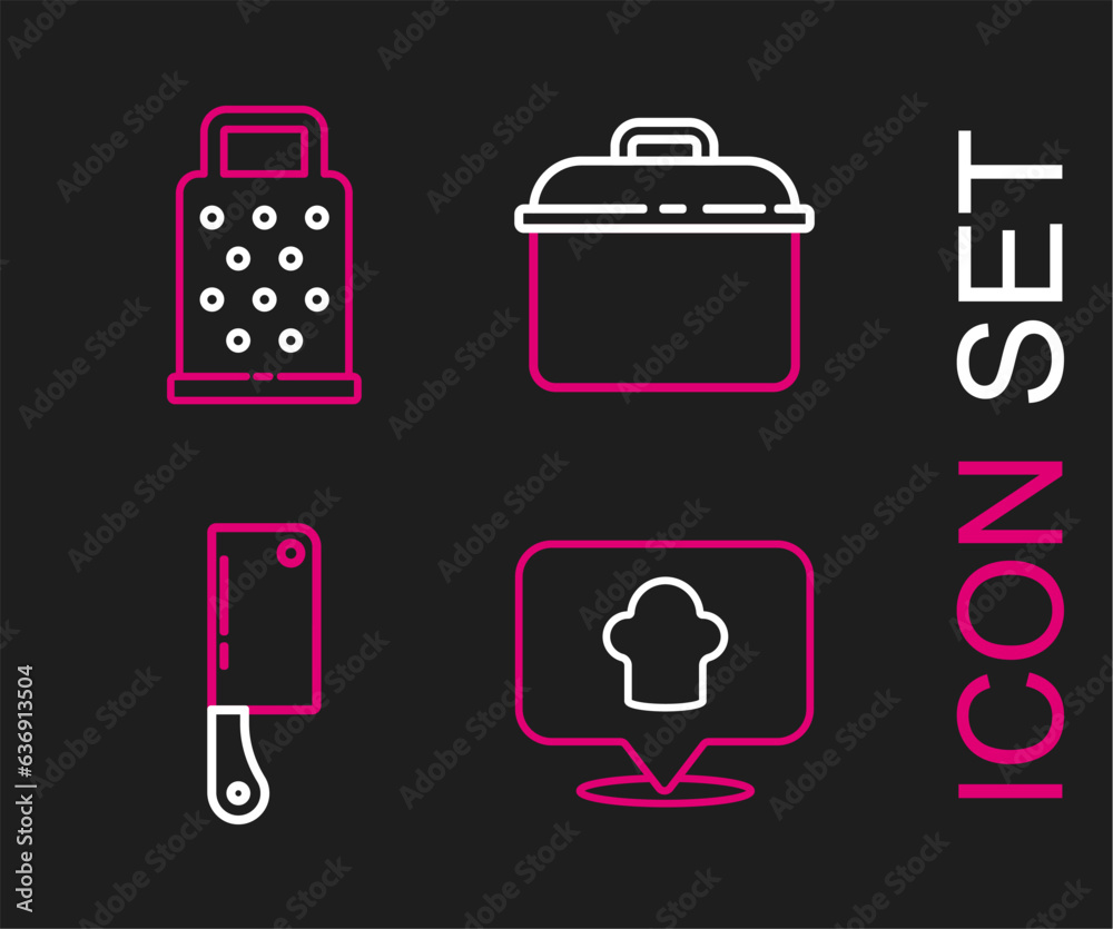 Sticker Set line Chef hat with location, Meat chopper, Cooking pot and Grater icon. Vector