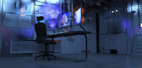 Hidden Hacker's lair. Cyberpunk Industrial room with big monitors on the screens of which there is a lot of data and graphics. Futuristic 3D illustration. Minimal interior design.