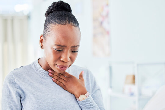 Sick, chest and black woman with sore throat at home for influenza, cold or allergies on wall background. Cough, tuberculosis and African lady choking, infection or breathing, lung or problem