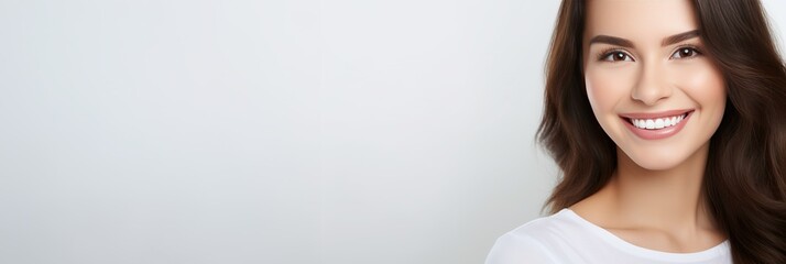 Сlose-up portrait of a beautiful young woman smiling with perfectly clean teeth, copy space. Created using generative artificial intelligence technology.