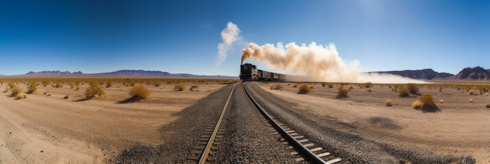 Dramatic panoramic scene of a roaring locomotive charging through the heart of American desert.