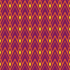 Purple abstract background, diamond shape orange lines. Seamless geometric pattern, yellow rhombus. Texture design for tiles, covers, posters, banners, walls, textiles, clothes. Vector illustration.