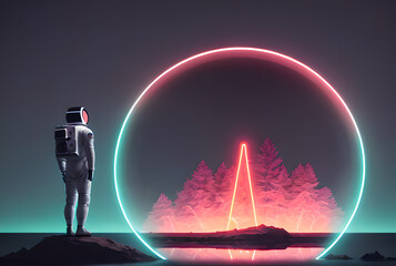 Creative image of astronauts in neon lights, Generative AI
