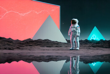 Creative image of astronauts in neon lights, Generative AI