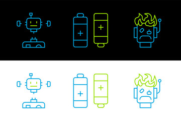 Set line Robot burned out, Disassembled robot and Battery icon. Vector
