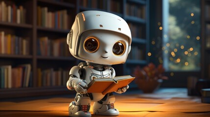 Cute robot AI learning to read a book - obrazy, fototapety, plakaty