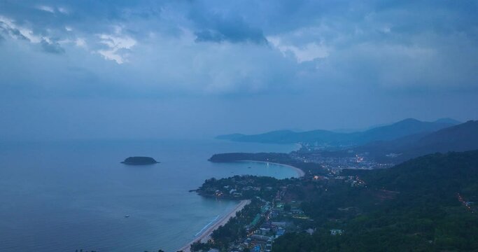 .Aerial view amazing cloud moving in blue sky at blue sunset above the three beaches viewpoint..scenery stunning blue sky over the three beaches viewpoint Phuket Thailand..Sky texture.