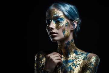 Naklejka na ściany i meble fashion portrait of a blue-skinned girl with golden make-up. Beautiful face. fashion and beauty. Generative AI