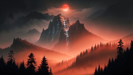 Full blood moon above a beautiful mountain landscape