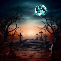 Full moon on a cemetery. Halloween image with stage, copy space. Generative AI