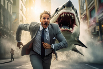 A business man in a suit runs away from a shark in the city. Business life struggles concept.