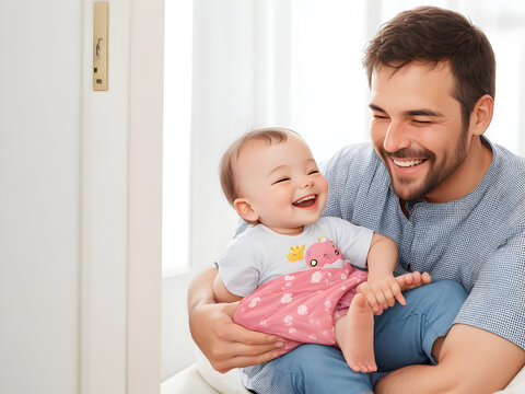 Portrait of a smiling loving dad with a cute happy baby playing at home, Generative AI