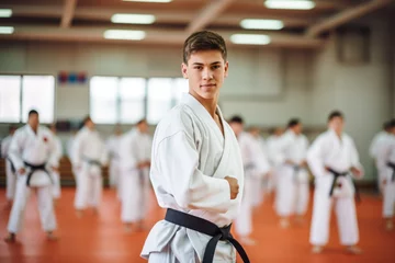 Fotobehang Karate or Judo asian martial art training in a dojo hall. young man wearing white kimono and black belt fighting learning, exercising and teaching. students watching in the background © Keitma