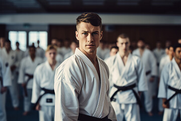 Karate or Judo asian martial art training in a dojo hall. young man wearing white kimono and black belt fighting learning, exercising and teaching. students watching in the background