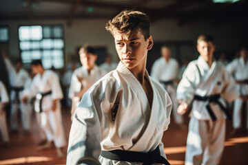 Karate or Judo asian martial art training in a dojo hall. young man wearing white kimono and black belt fighting learning, exercising and teaching. students watching in the background