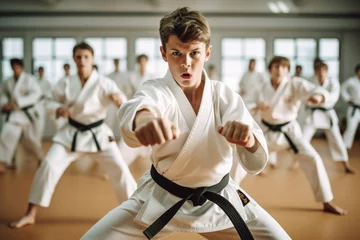 Fotobehang Karate or Judo asian martial art training in a dojo hall. young man wearing white kimono and black belt fighting learning, exercising and teaching. students watching in the background © Keitma