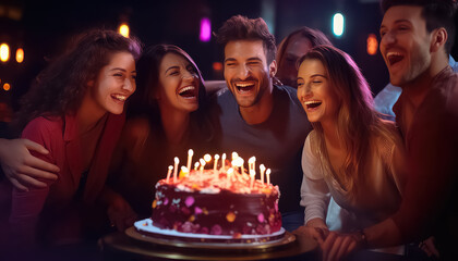 group of people smiling behind a cake in a club