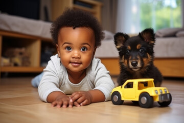 Cute little young black african american baby playing with his dog puppy and car toys at home in his house playing room