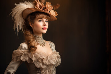 Portrait of an elegant lady, close-up, wearing Edwardian inspired gown, delicate hat with feathers, costume drama style