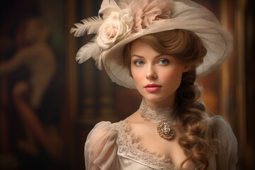 Portrait of an elegant lady, close-up, wearing Edwardian inspired gown, delicate hat with feathers, costume drama style