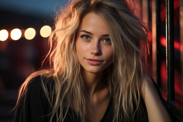 Portrait of beautiful long messy effect blonde hair young woman at night
