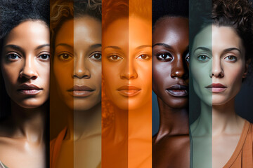 Diversity portrait featuring close-up multi-panel compositions of women with pop colorism